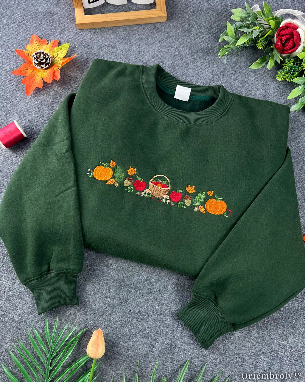 Autumn Harvest Embroidered Sweatshirt – Pumpkin Apple Fall Crewneck, Forest Green Cozy Fleece Pullover