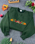 Autumn Harvest Embroidered Sweatshirt – Pumpkin Apple Fall Crewneck, Forest Green Cozy Fleece Pullover