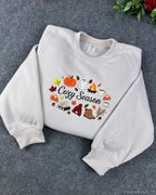 Cozy Season Embroidered Sweatshirt – Autumn Coffee & Pumpkin Fleece Crewneck, Cozy Fall Unisex Pullover