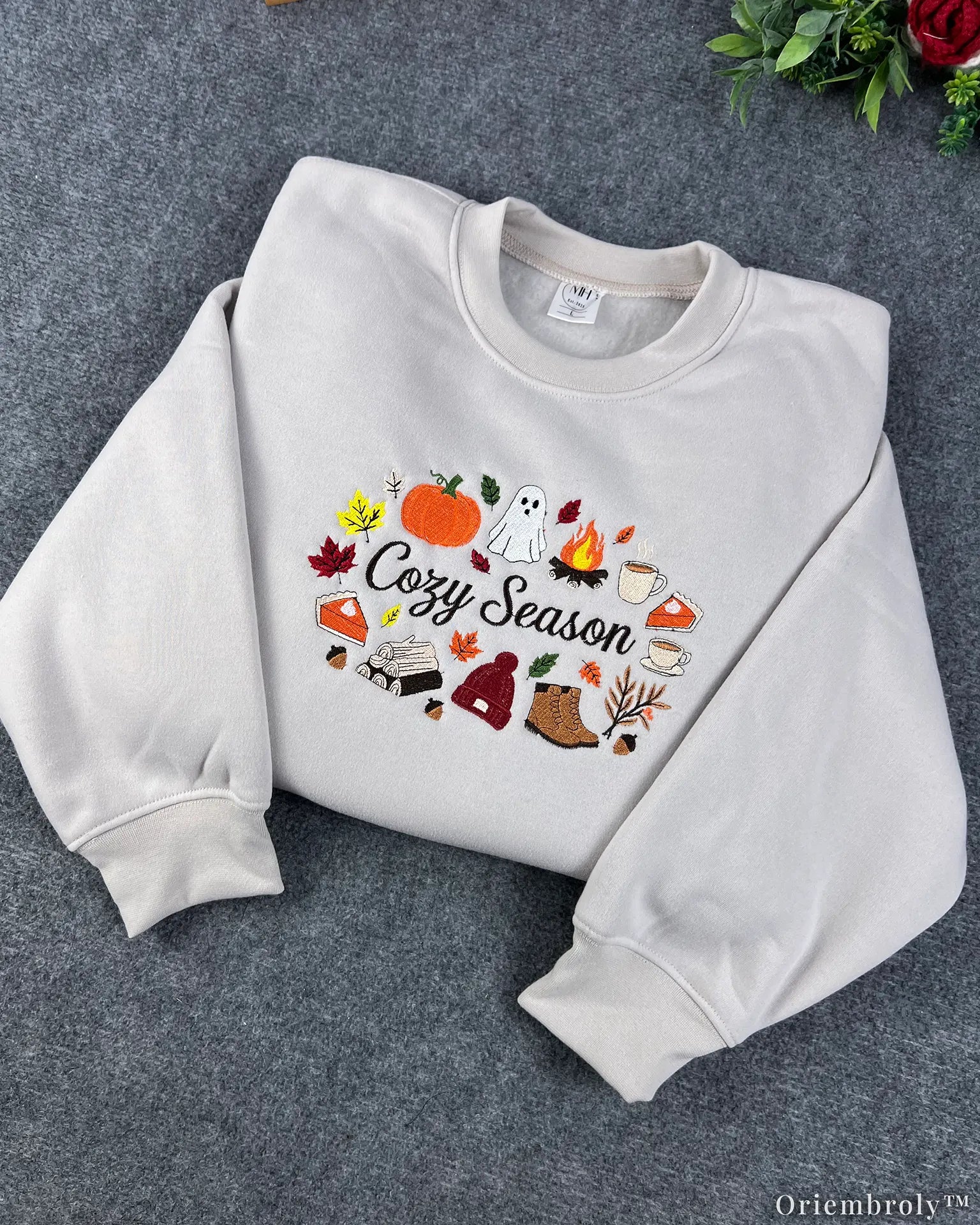 Cozy Season Embroidered Sweatshirt – Autumn Coffee & Pumpkin Fleece Crewneck, Cozy Fall Unisex Pullover