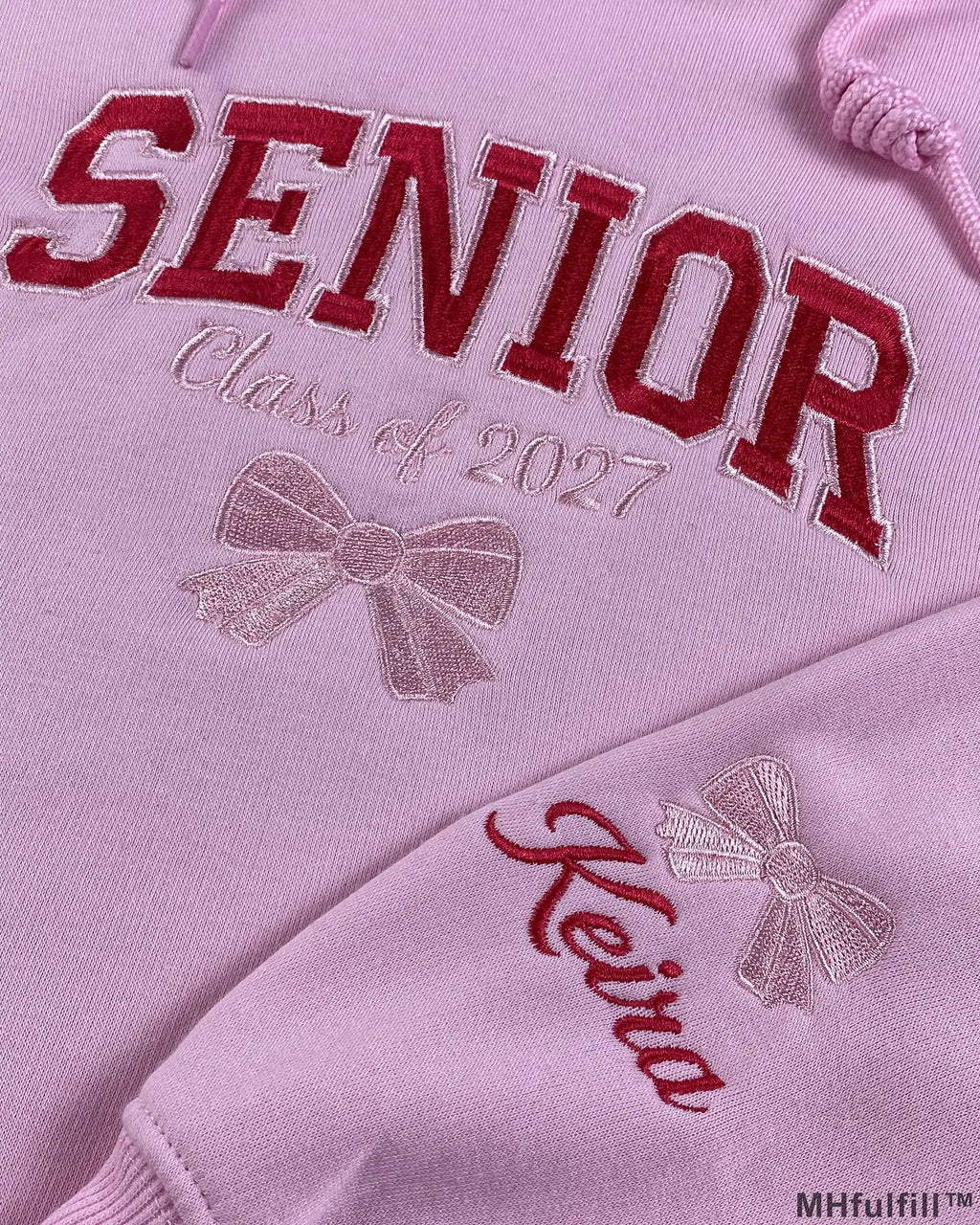 Personalized Senior Class of 2027 Embroidered Pullover Hoodie with Custom Name & Bow – Coquette Varsity Pink Sweatshirt