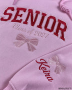 Personalized Senior Class of 2027 Embroidered Pullover Hoodie with Custom Name & Bow – Coquette Varsity Pink Sweatshirt