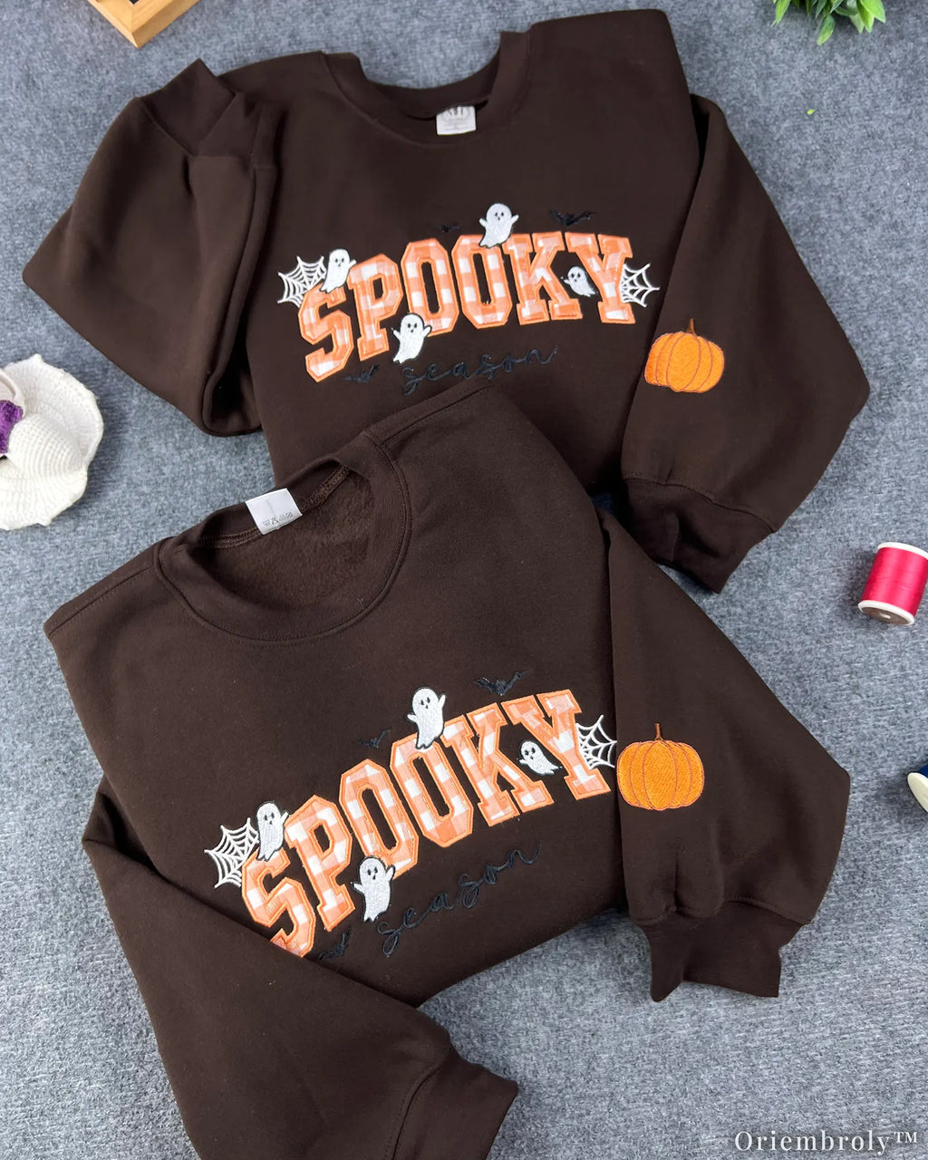 Plaid Spooky Embroidered Sweatshirt – Applique Halloween Crewneck, Cozy Chocolate Brown Fall Pullover