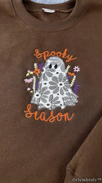 Lace Ghost Embroidered Sweatshirt – Spooky Season Applique Halloween Crewneck, Brown Cozy Fleece Pullover