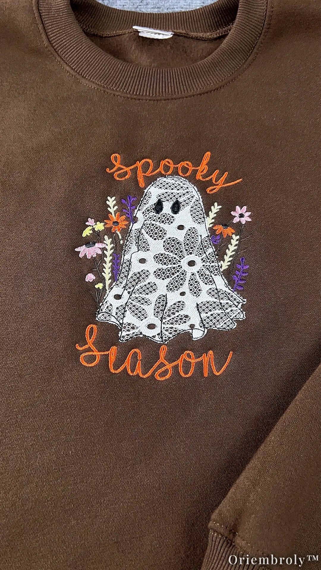 Lace Ghost Embroidered Sweatshirt – Spooky Season Applique Halloween Crewneck, Brown Cozy Fleece Pullover