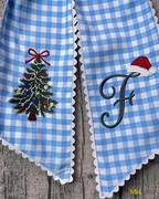 Personalized Christmas Tree & Santa Hat Monogram Gingham Wreath Sash - Scalloped Edge Holiday Door Decor