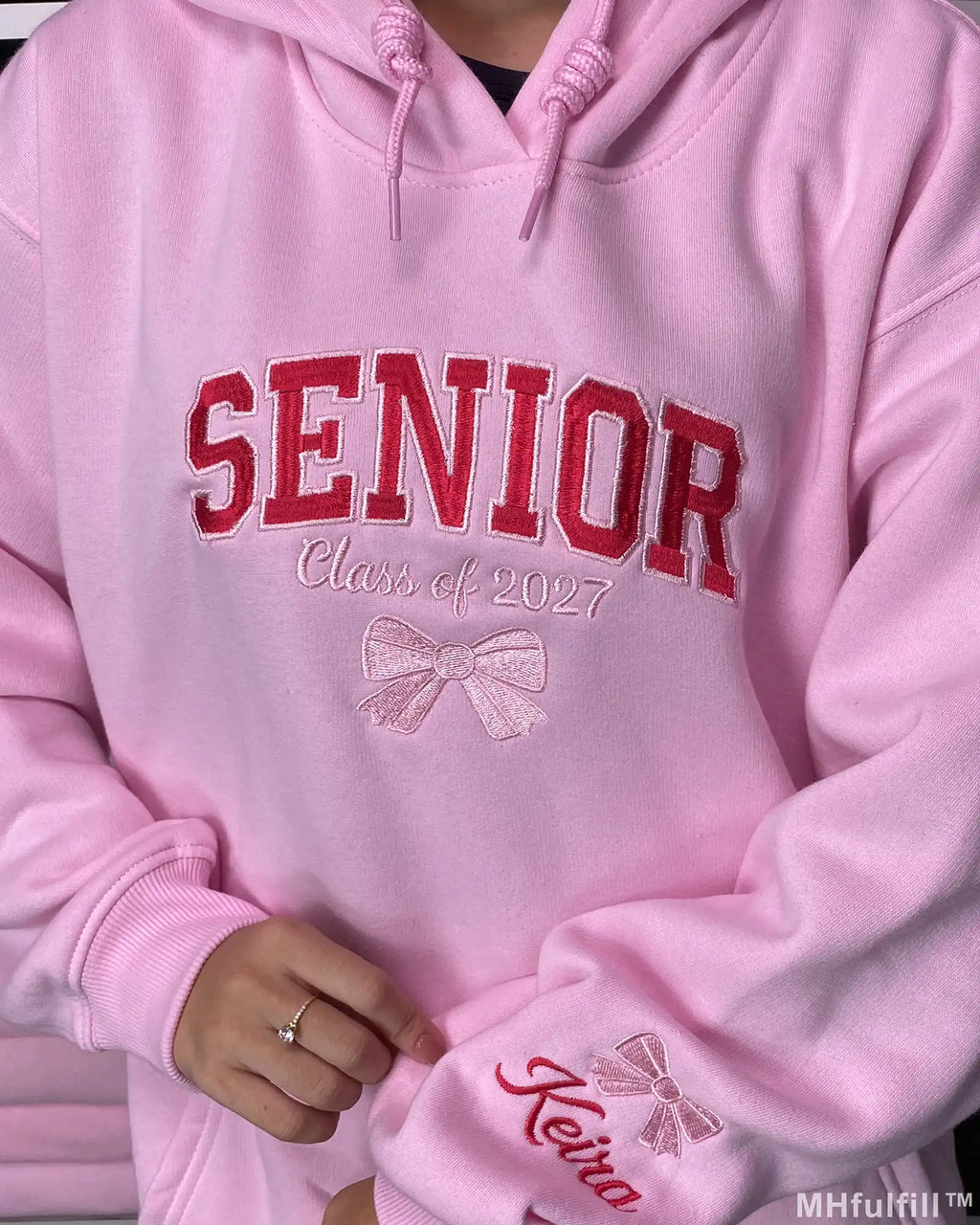 Personalized Senior Class of 2027 Embroidered Pullover Hoodie with Custom Name & Bow – Coquette Varsity Pink Sweatshirt