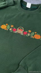 Autumn Harvest Embroidered Sweatshirt – Pumpkin Apple Fall Crewneck, Forest Green Cozy Fleece Pullover