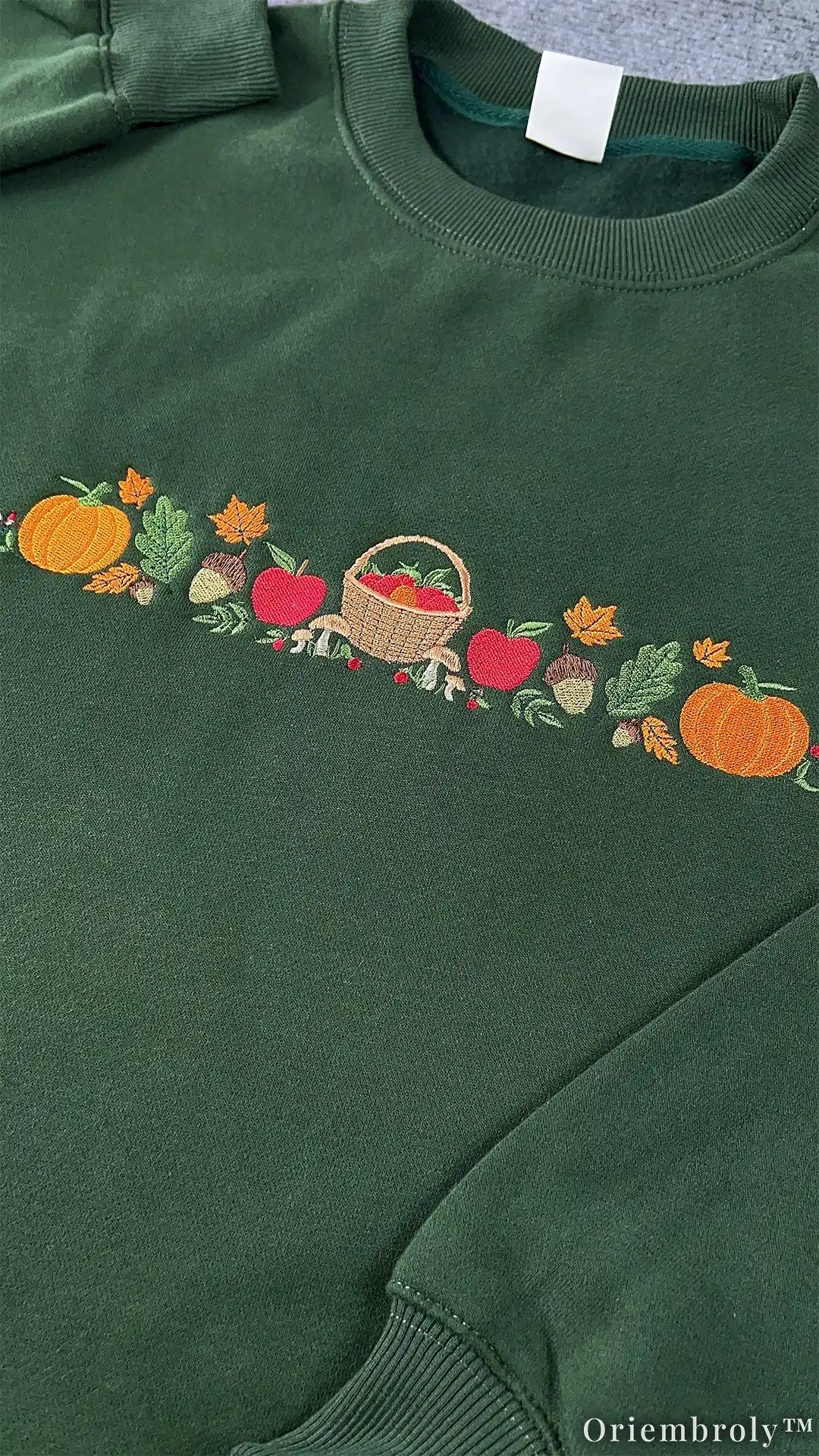 Autumn Harvest Embroidered Sweatshirt – Pumpkin Apple Fall Crewneck, Forest Green Cozy Fleece Pullover
