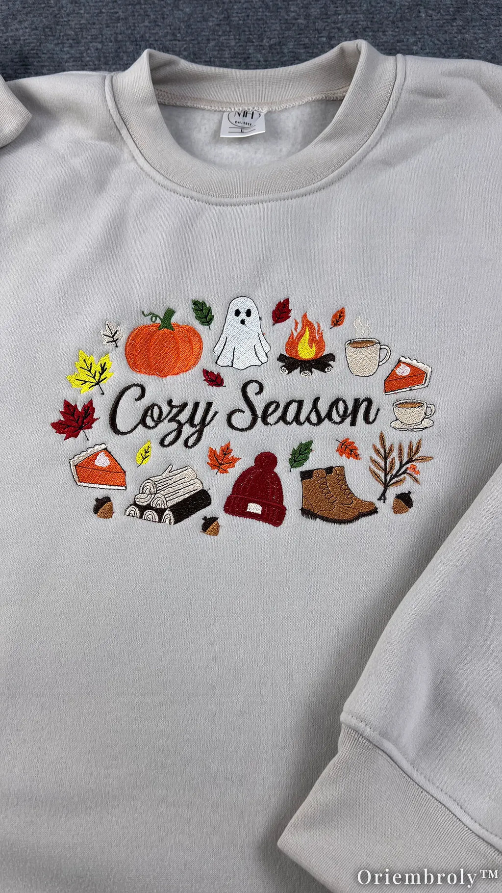 Cozy Season Embroidered Sweatshirt – Autumn Coffee & Pumpkin Fleece Crewneck, Cozy Fall Unisex Pullover
