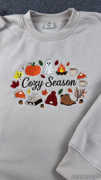 Cozy Season Embroidered Sweatshirt – Autumn Coffee & Pumpkin Fleece Crewneck, Cozy Fall Unisex Pullover