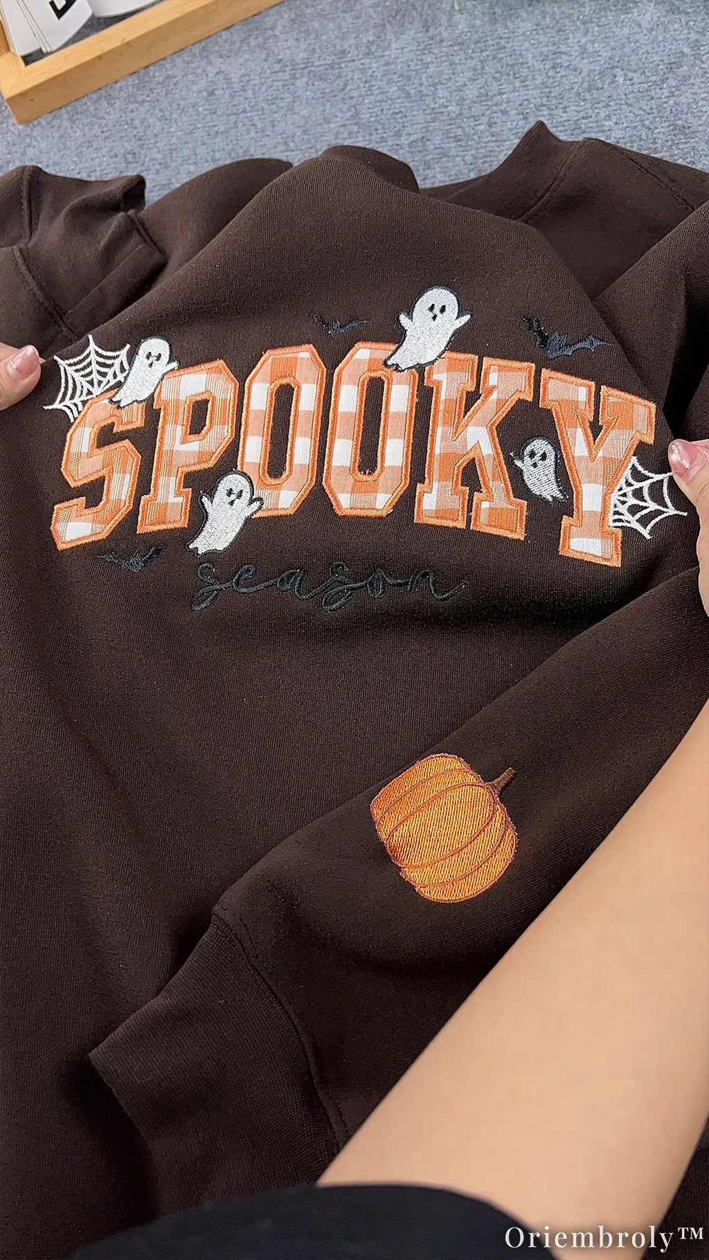 Plaid Spooky Embroidered Sweatshirt – Applique Halloween Crewneck, Cozy Chocolate Brown Fall Pullover