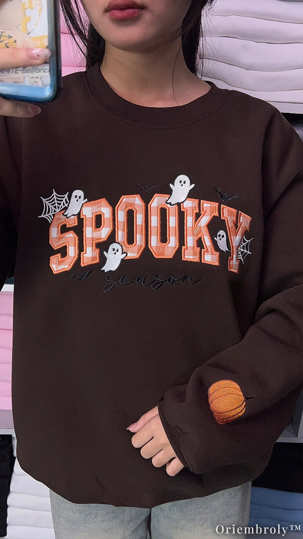 Plaid Spooky Embroidered Sweatshirt – Applique Halloween Crewneck, Cozy Chocolate Brown Fall Pullover