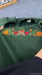 Autumn Harvest Embroidered Sweatshirt – Pumpkin Apple Fall Crewneck, Forest Green Cozy Fleece Pullover