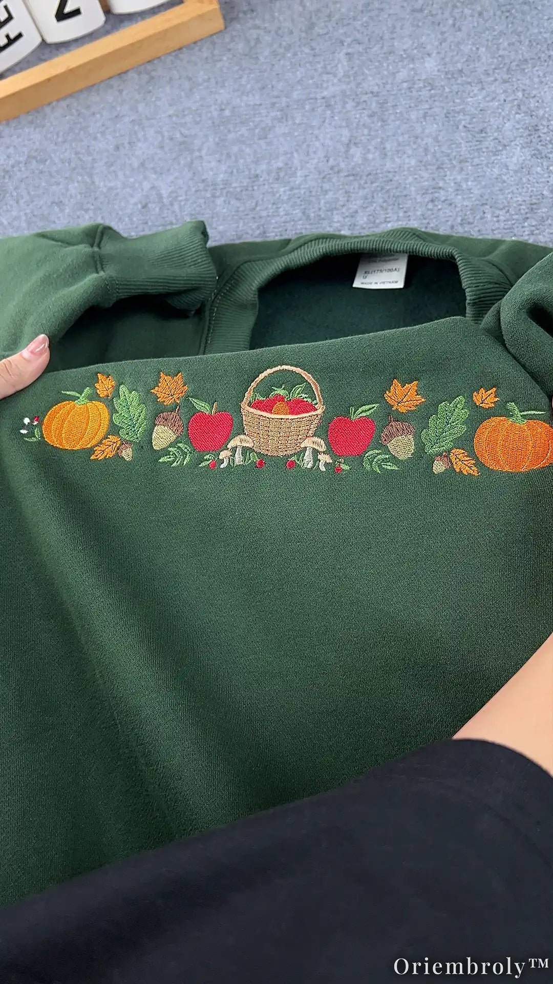 Autumn Harvest Embroidered Sweatshirt – Pumpkin Apple Fall Crewneck, Forest Green Cozy Fleece Pullover