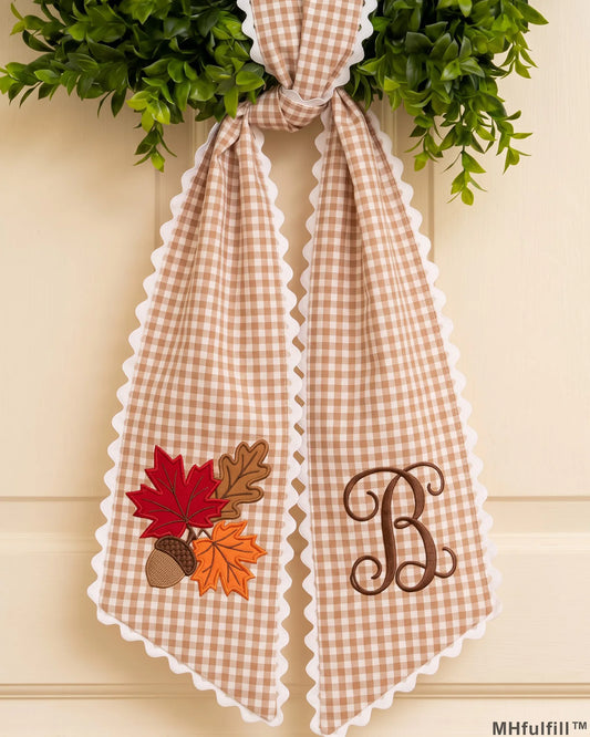 Personalized Autumn Leaves & Acorn Gingham Wreath Sash - Green Scalloped Fall Door Decor
