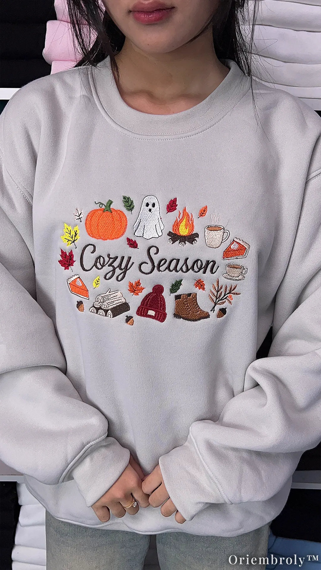 Cozy Season Embroidered Sweatshirt – Autumn Coffee & Pumpkin Fleece Crewneck, Cozy Fall Unisex Pullover