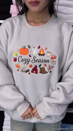 Cozy Season Embroidered Sweatshirt – Autumn Coffee & Pumpkin Fleece Crewneck, Cozy Fall Unisex Pullover
