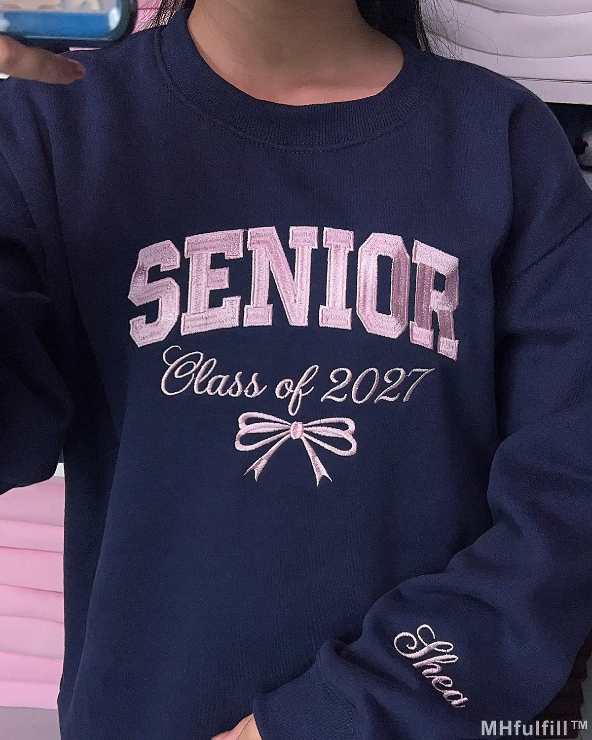 Personalized Senior Class of 2027 Embroidered Crewneck Sweatshirt with Custom Sleeve Name, Coquette Varsity Graduation Gift