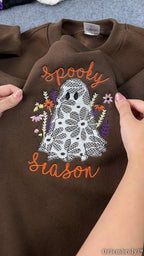 Lace Ghost Embroidered Sweatshirt – Spooky Season Applique Halloween Crewneck, Brown Cozy Fleece Pullover