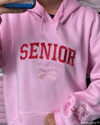 Personalized Senior Class of 2027 Embroidered Pullover Hoodie with Custom Name & Bow – Coquette Varsity Pink Sweatshirt