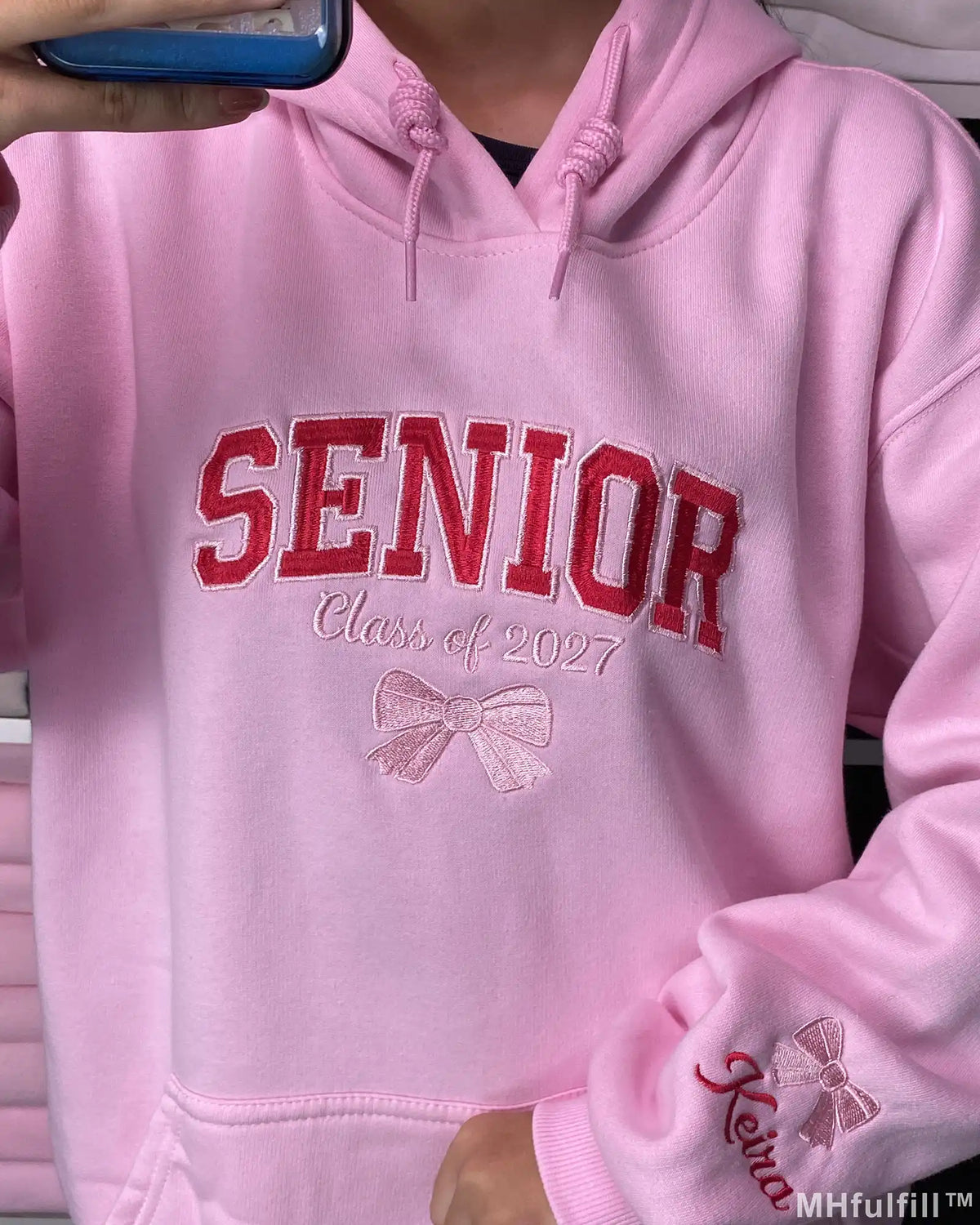 Personalized Senior Class of 2027 Embroidered Pullover Hoodie with Custom Name & Bow – Coquette Varsity Pink Sweatshirt