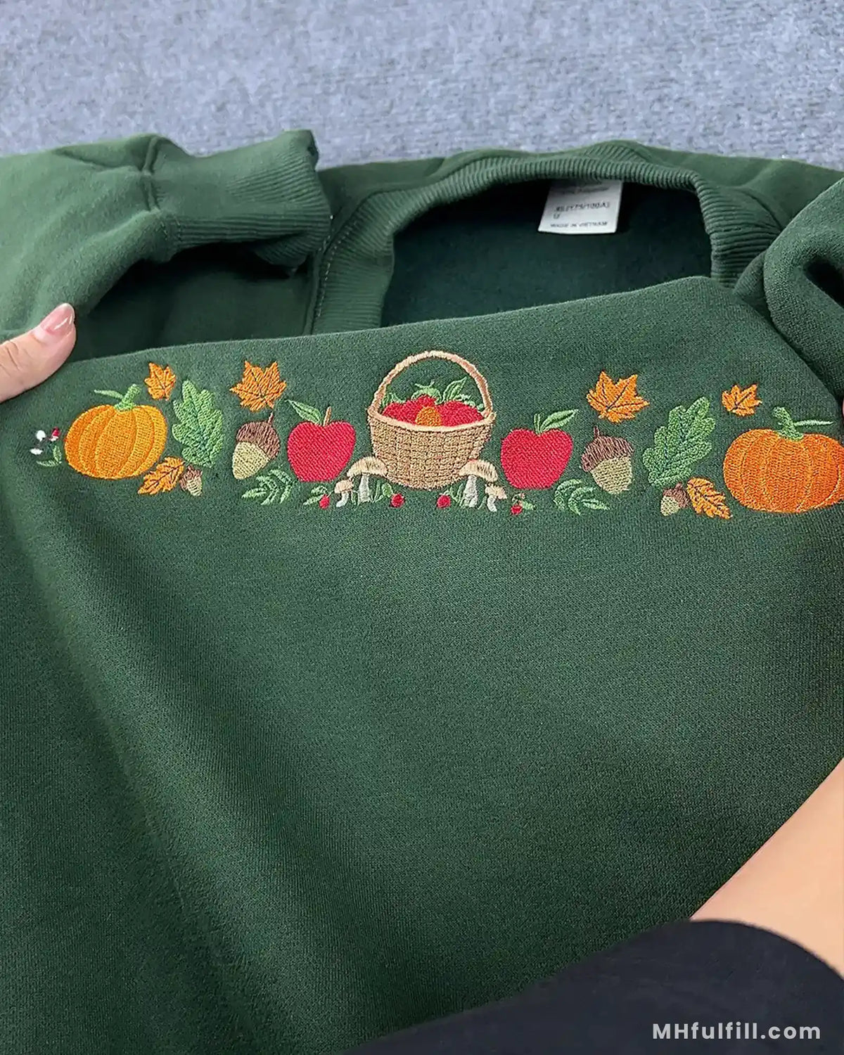 Autumn Harvest Embroidered Crewneck Sweatshirt – Fall Fruit Basket & Pumpkin Sweatshirt