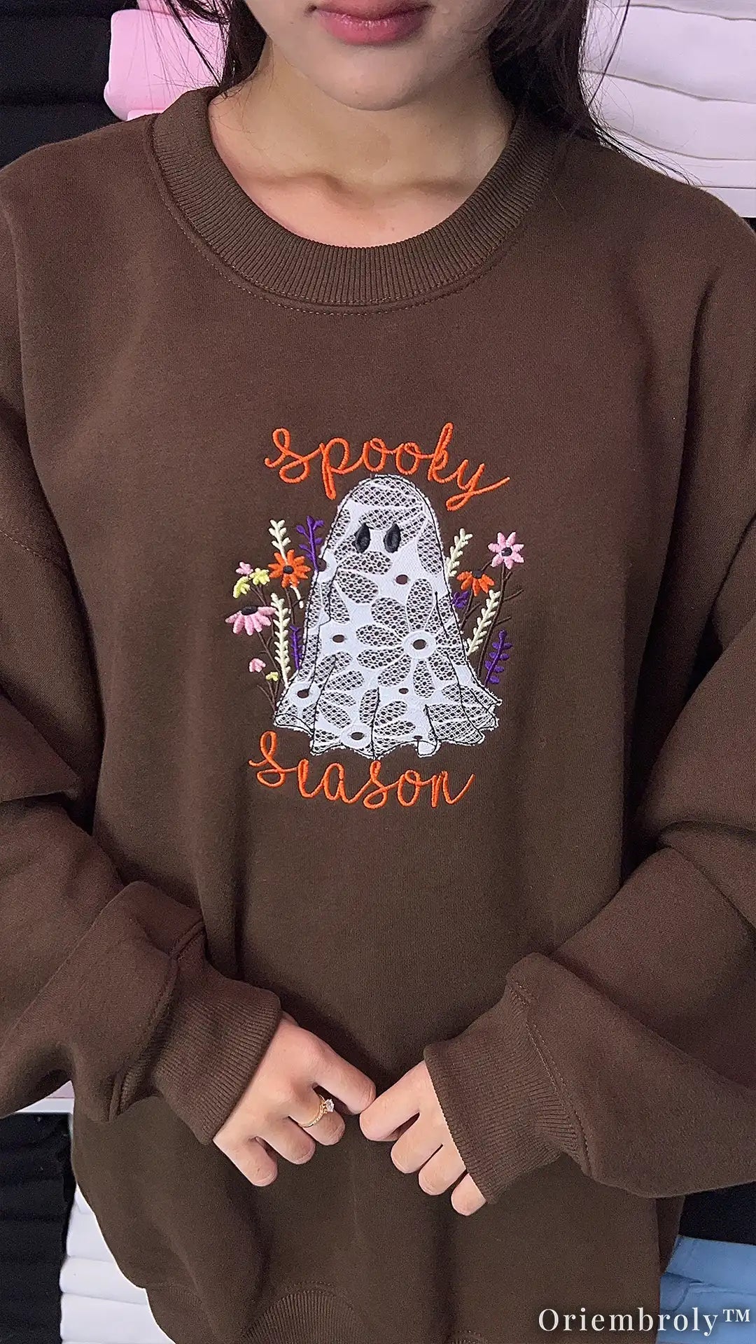 Lace Ghost Embroidered Sweatshirt – Spooky Season Applique Halloween Crewneck, Brown Cozy Fleece Pullover