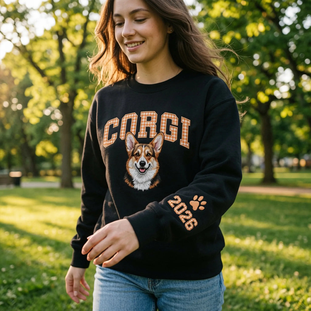 Custom Pet Photo Embroidered Sweatshirt with Personalized Gingham Name Crewneck Gift