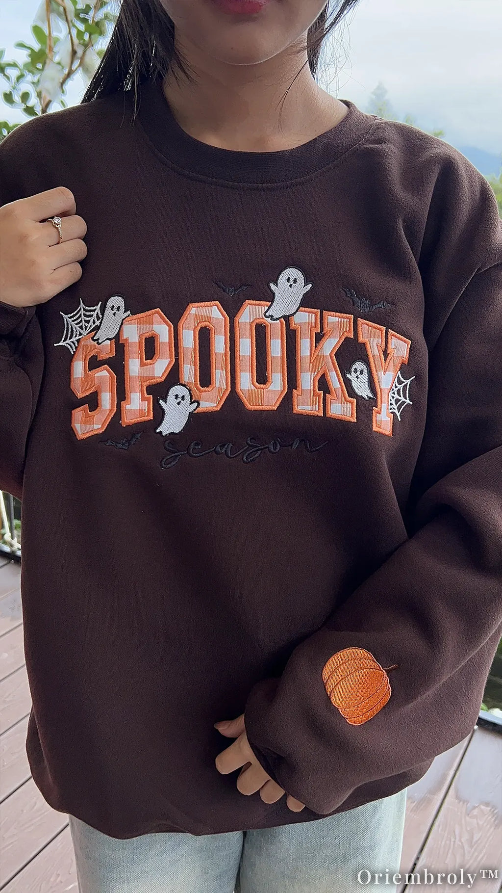Plaid Spooky Embroidered Sweatshirt – Applique Halloween Crewneck, Cozy Chocolate Brown Fall Pullover