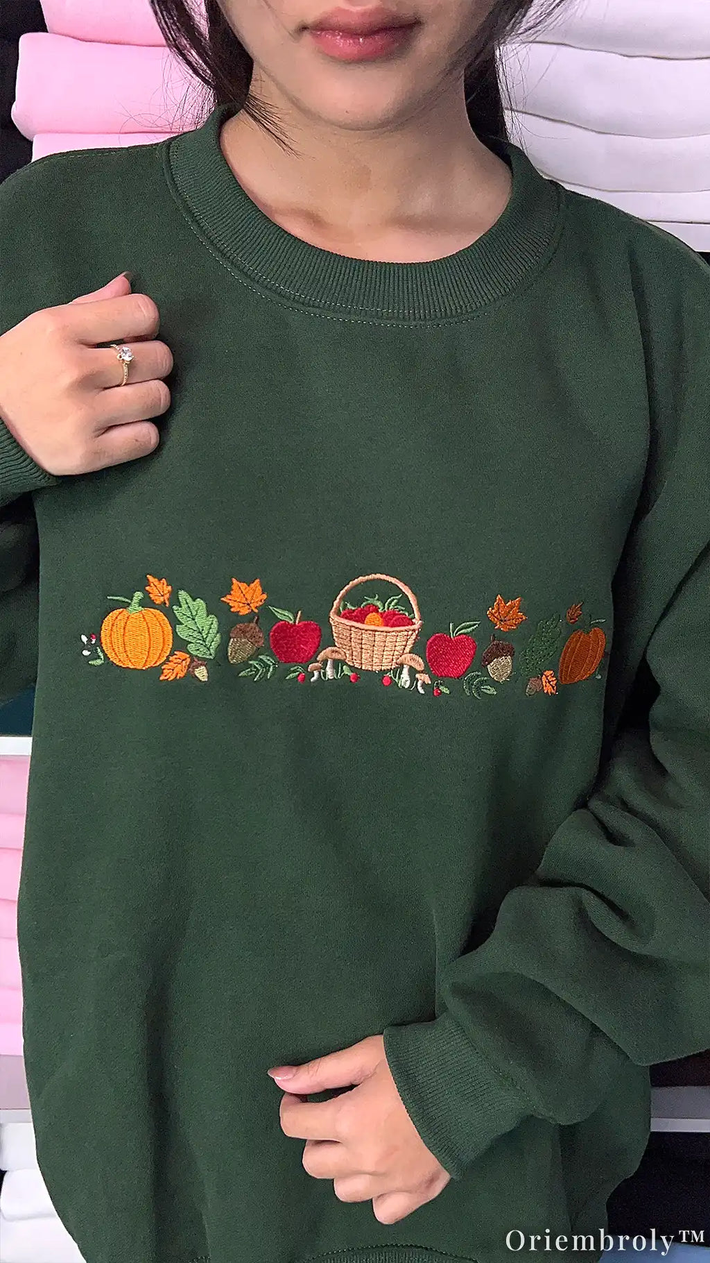 Autumn Harvest Embroidered Sweatshirt – Pumpkin Apple Fall Crewneck, Forest Green Cozy Fleece Pullover