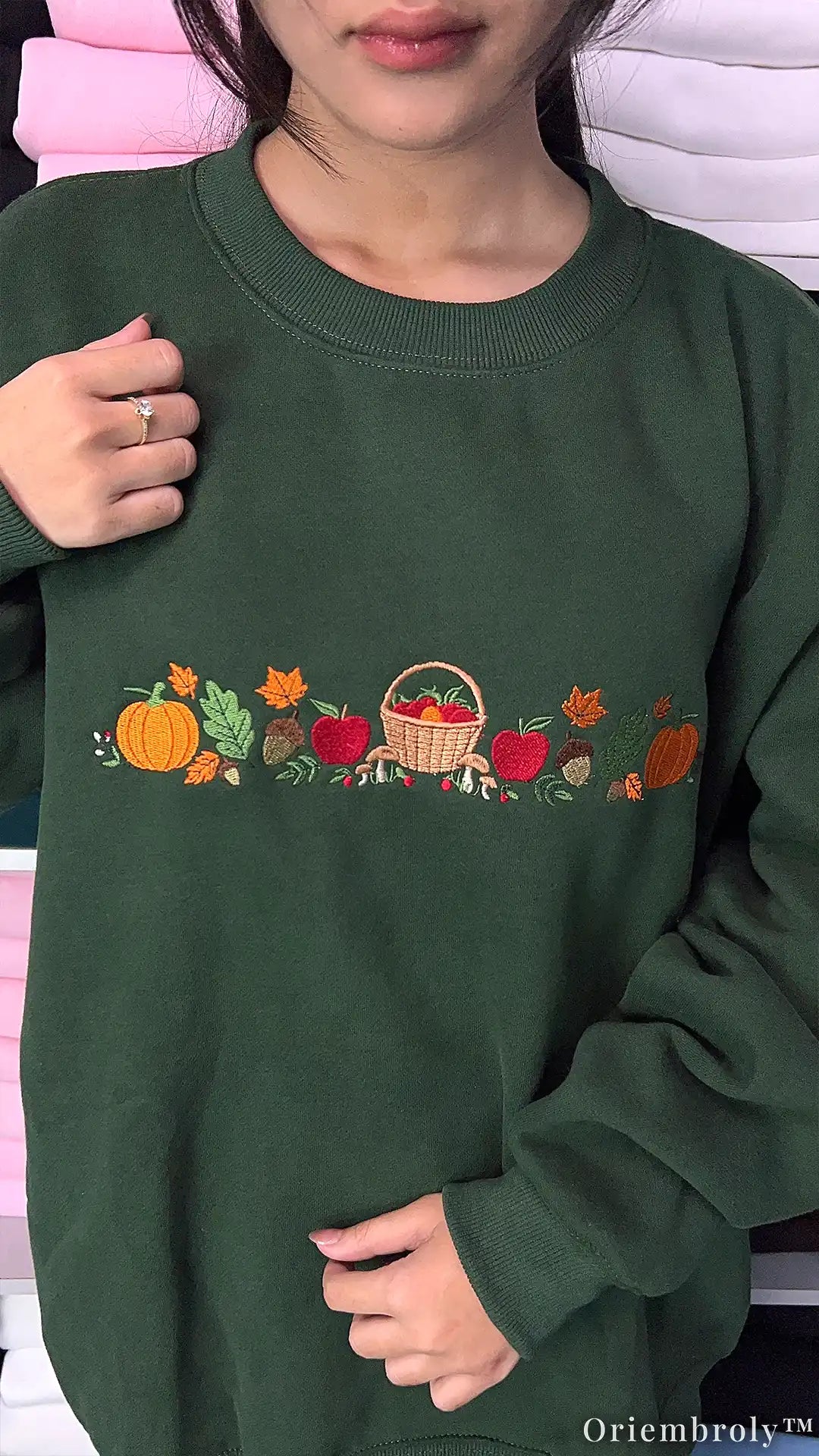 Autumn Harvest Embroidered Sweatshirt – Pumpkin Apple Fall Crewneck, Forest Green Cozy Fleece Pullover