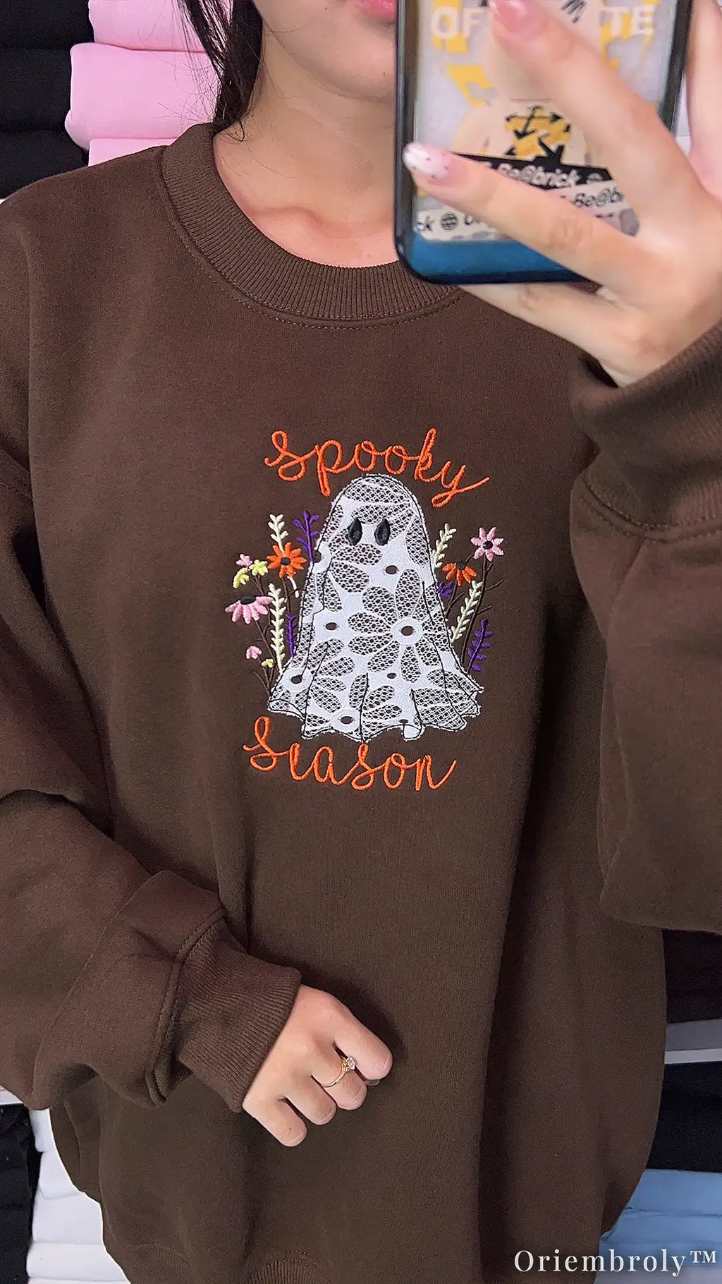 Lace Ghost Embroidered Sweatshirt – Spooky Season Applique Halloween Crewneck, Brown Cozy Fleece Pullover