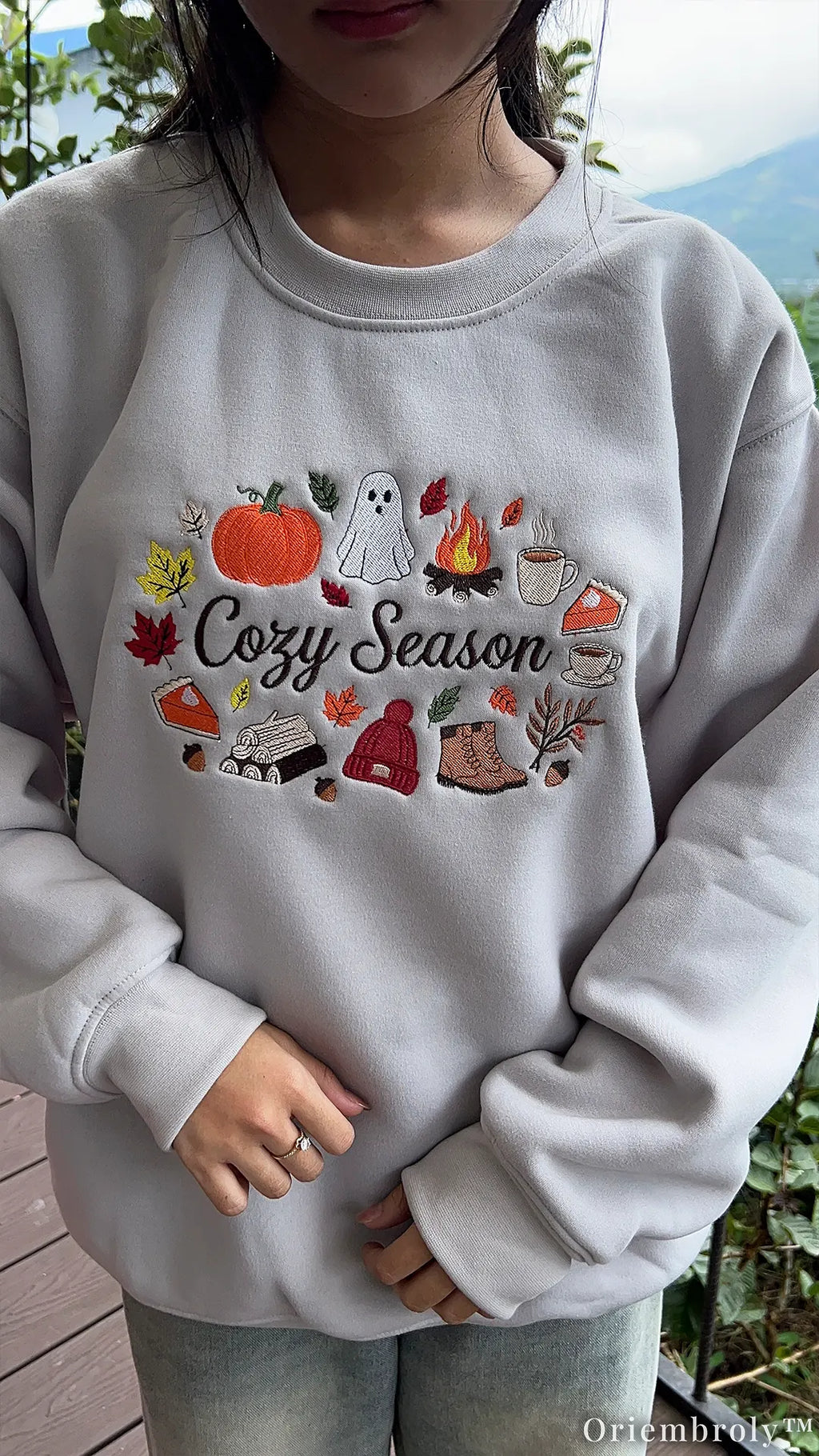Cozy Season Embroidered Sweatshirt – Autumn Coffee & Pumpkin Fleece Crewneck, Cozy Fall Unisex Pullover