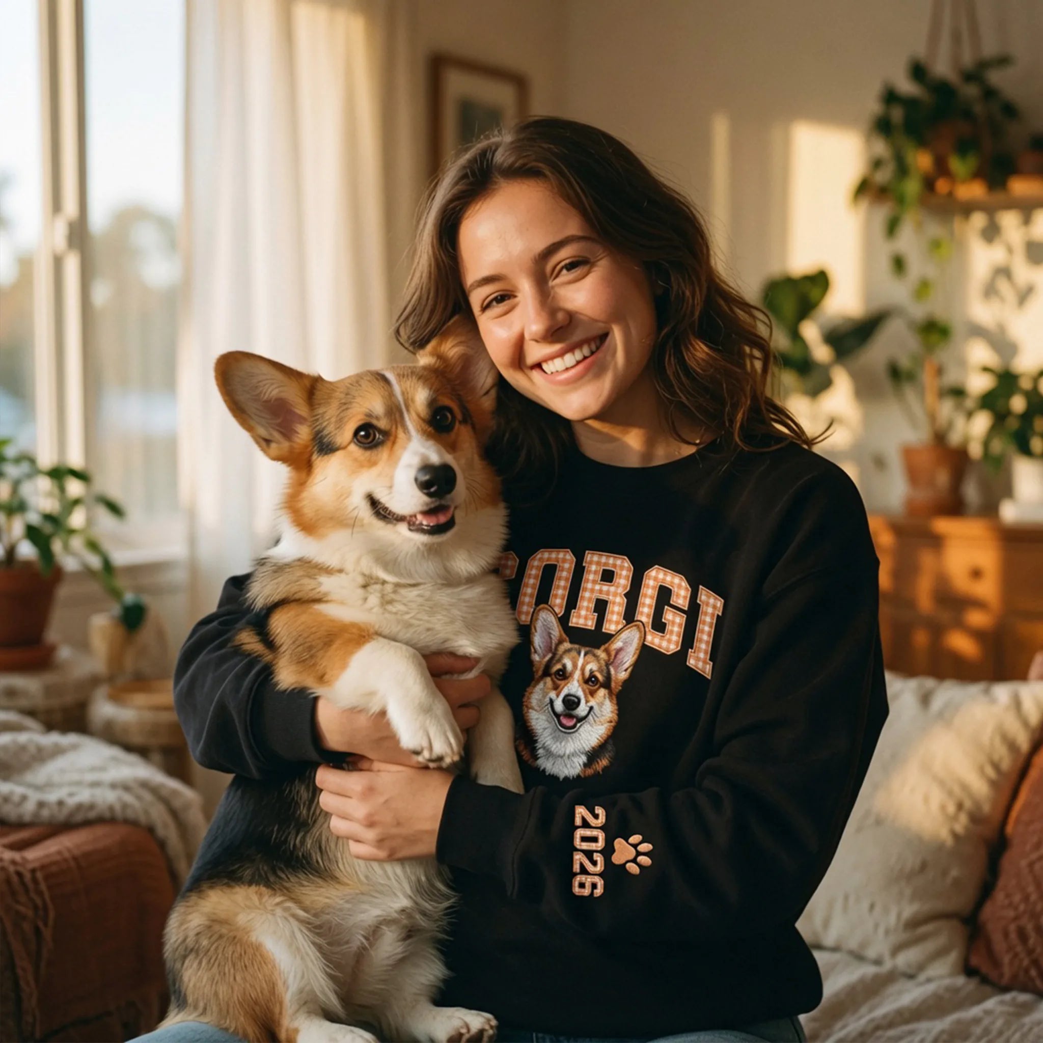 Custom Pet Photo Embroidered Sweatshirt with Personalized Gingham Name Crewneck Gift