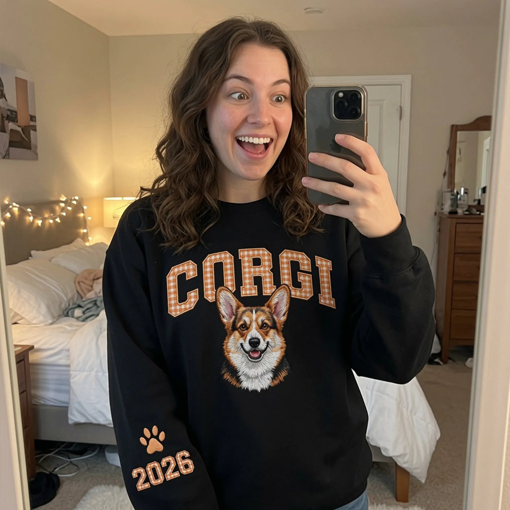 Custom Pet Photo Embroidered Sweatshirt with Personalized Gingham Name Crewneck Gift