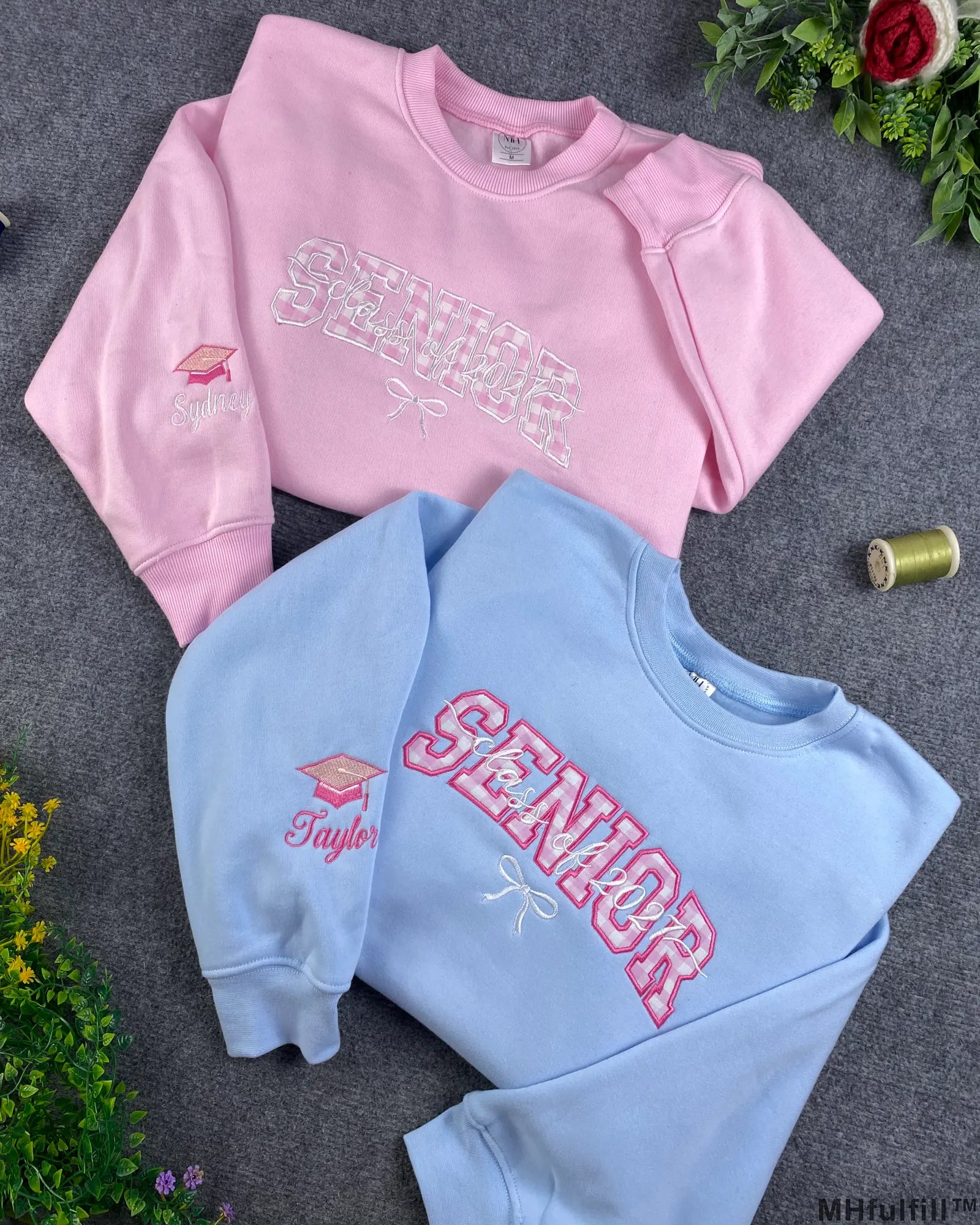Personalized Senior 2027 Sweatshirt – Custom Name & Grad Cap on Sleeve, Class of 2027 Embroidered Crewneck with Bow