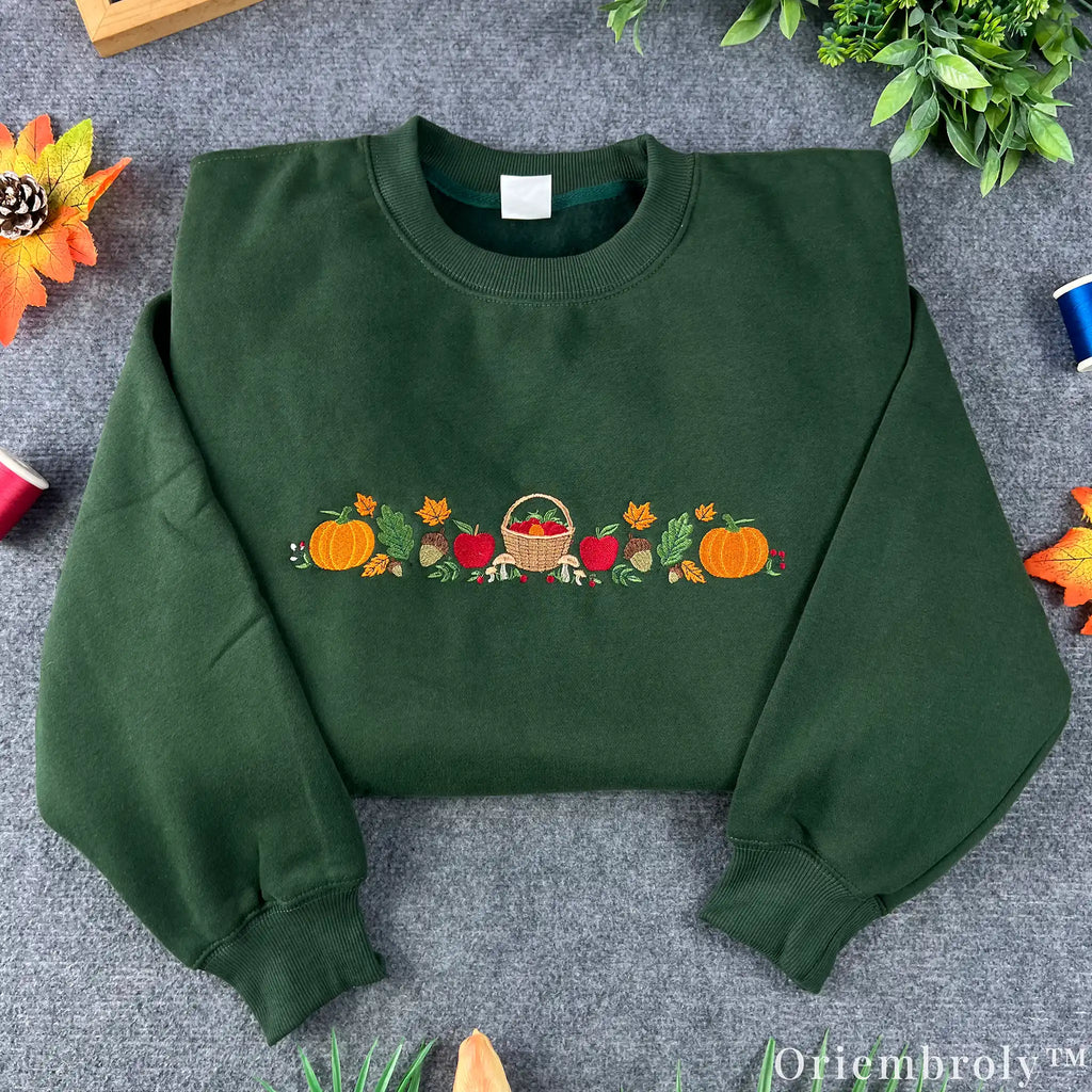 Autumn Harvest Embroidered Sweatshirt – Pumpkin Apple Fall Crewneck, Forest Green Cozy Fleece Pullover