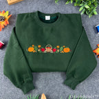 Autumn Harvest Embroidered Sweatshirt – Pumpkin Apple Fall Crewneck, Forest Green Cozy Fleece Pullover