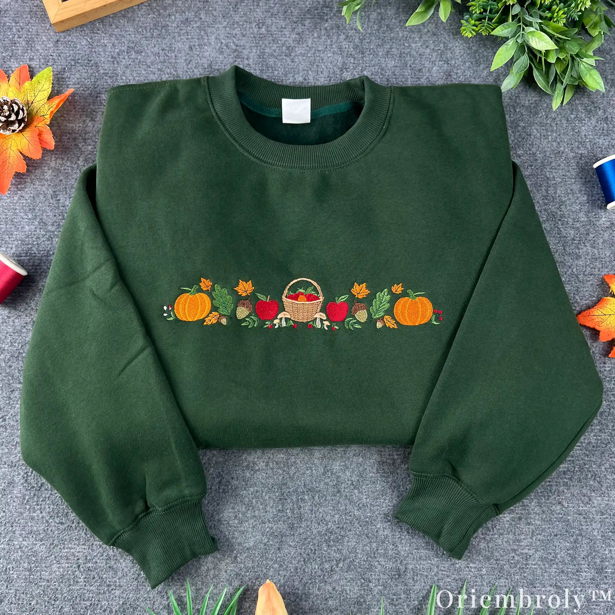 Autumn Harvest Embroidered Sweatshirt – Pumpkin Apple Fall Crewneck, Forest Green Cozy Fleece Pullover
