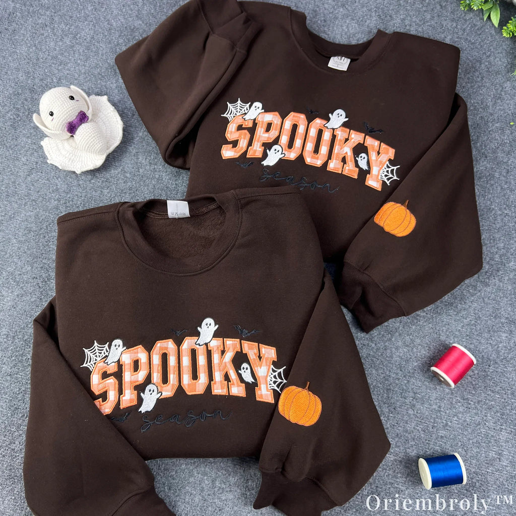 Plaid Spooky Embroidered Sweatshirt – Applique Halloween Crewneck, Cozy Chocolate Brown Fall Pullover