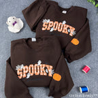 Plaid Spooky Embroidered Sweatshirt – Applique Halloween Crewneck, Cozy Chocolate Brown Fall Pullover