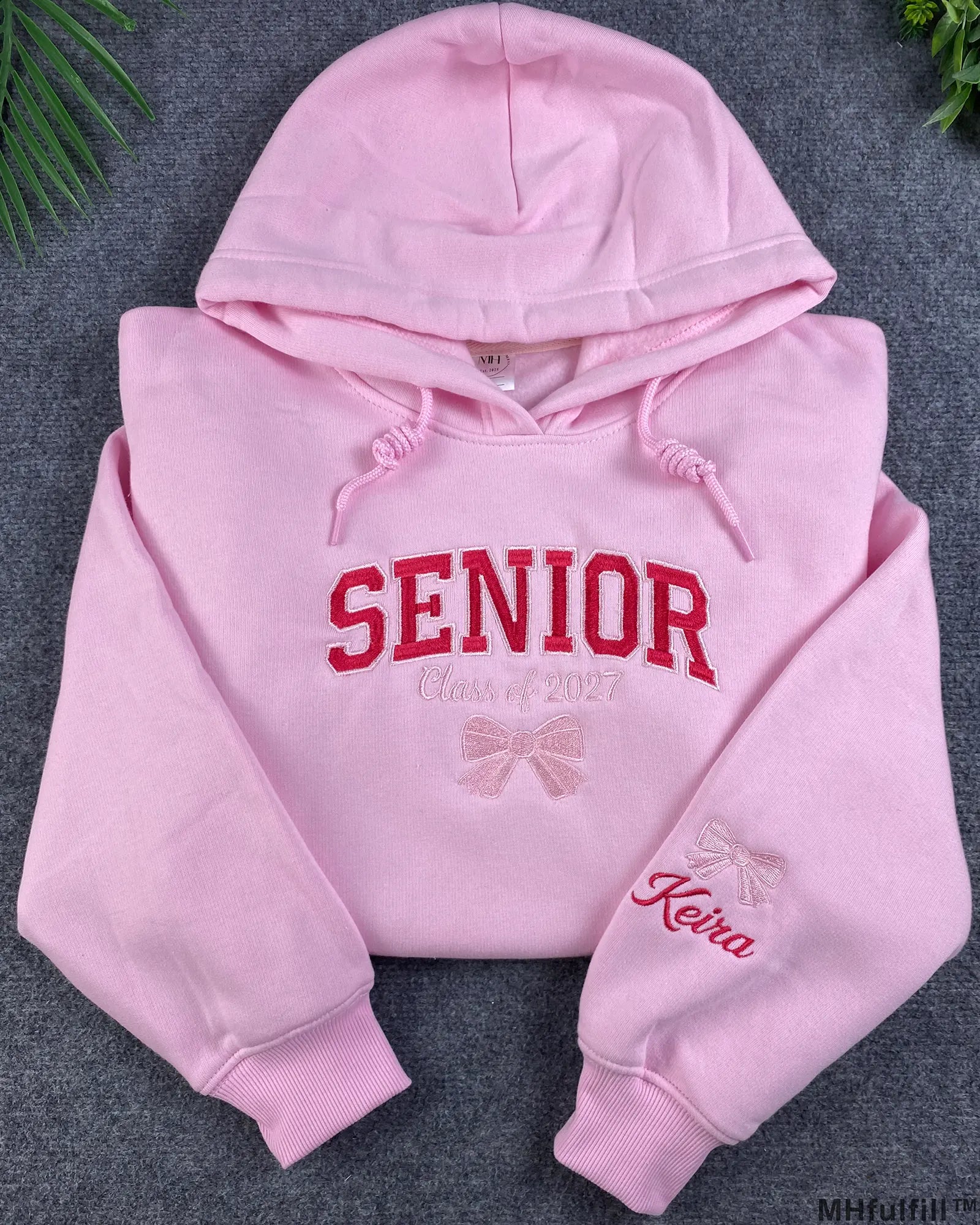 Personalized Senior 2027 Hoodie – Custom Name on Sleeve, Class of 2027 Embroidered Hoodie with Bow, Graduation Gift for Her