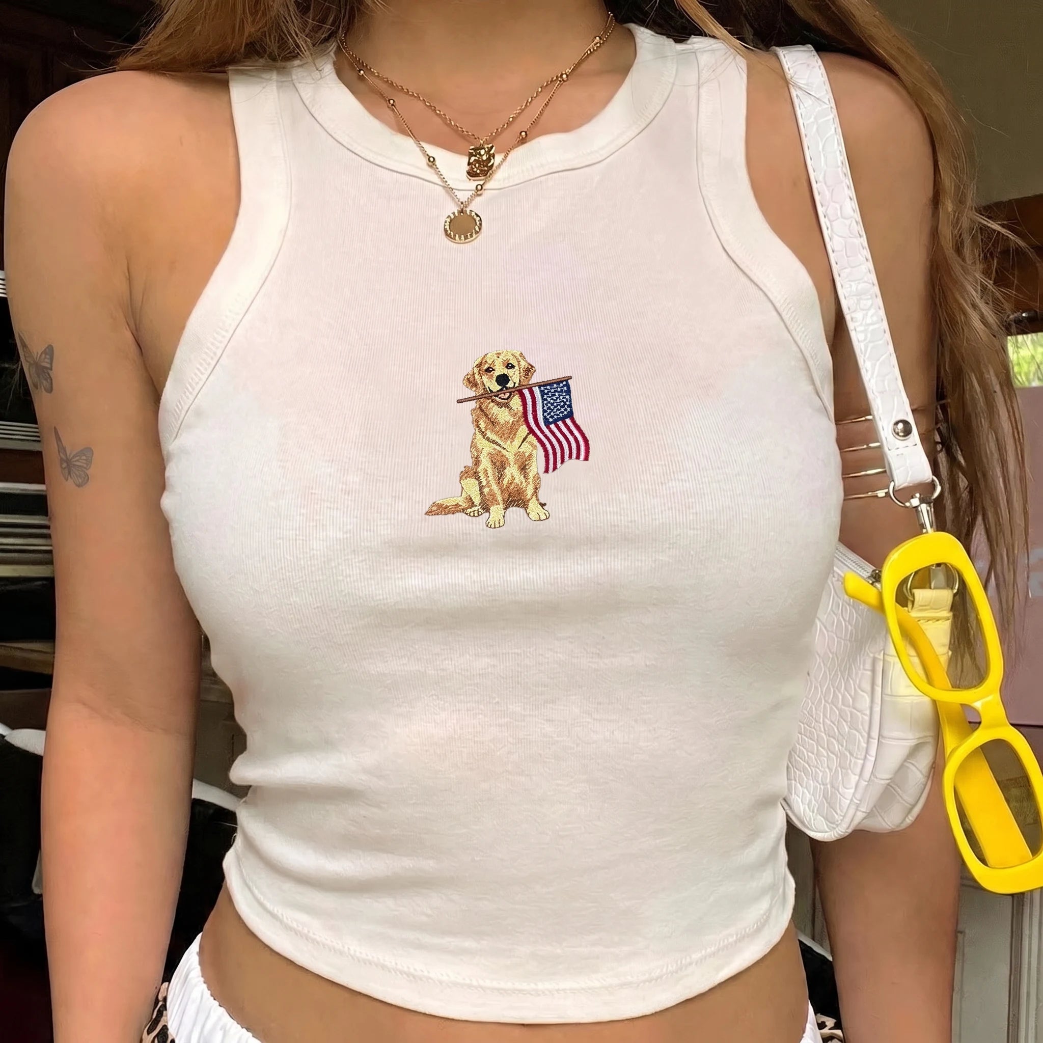 Patriotic Golden Retriever Embroidered Tank Top
