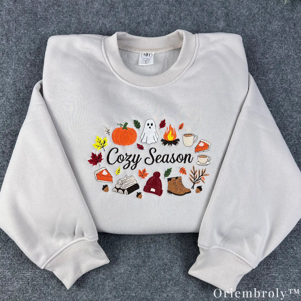 Cozy Season Embroidered Sweatshirt – Autumn Coffee & Pumpkin Fleece Crewneck, Cozy Fall Unisex Pullover