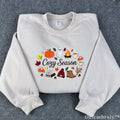 Cozy Season Embroidered Sweatshirt – Autumn Coffee & Pumpkin Fleece Crewneck, Cozy Fall Unisex Pullover