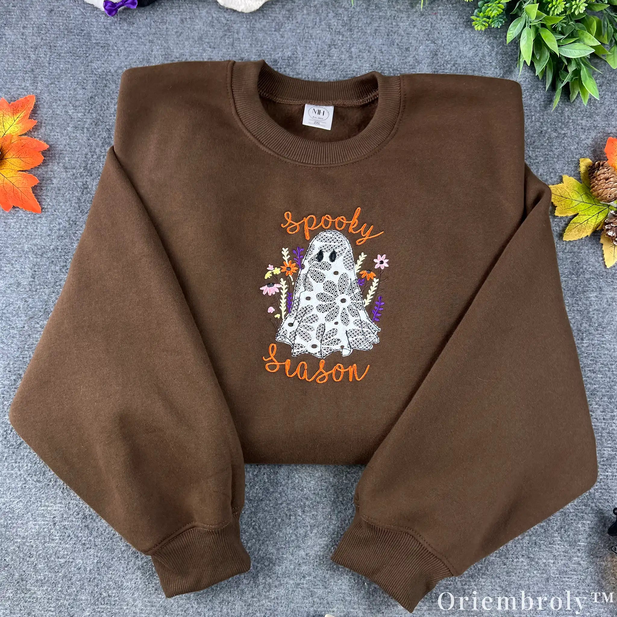Lace Ghost Embroidered Sweatshirt – Spooky Season Applique Halloween Crewneck, Brown Cozy Fleece Pullover