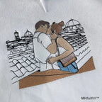 High quality embroidery texture of a couple photo stitched on a cozy premium white hoodie.