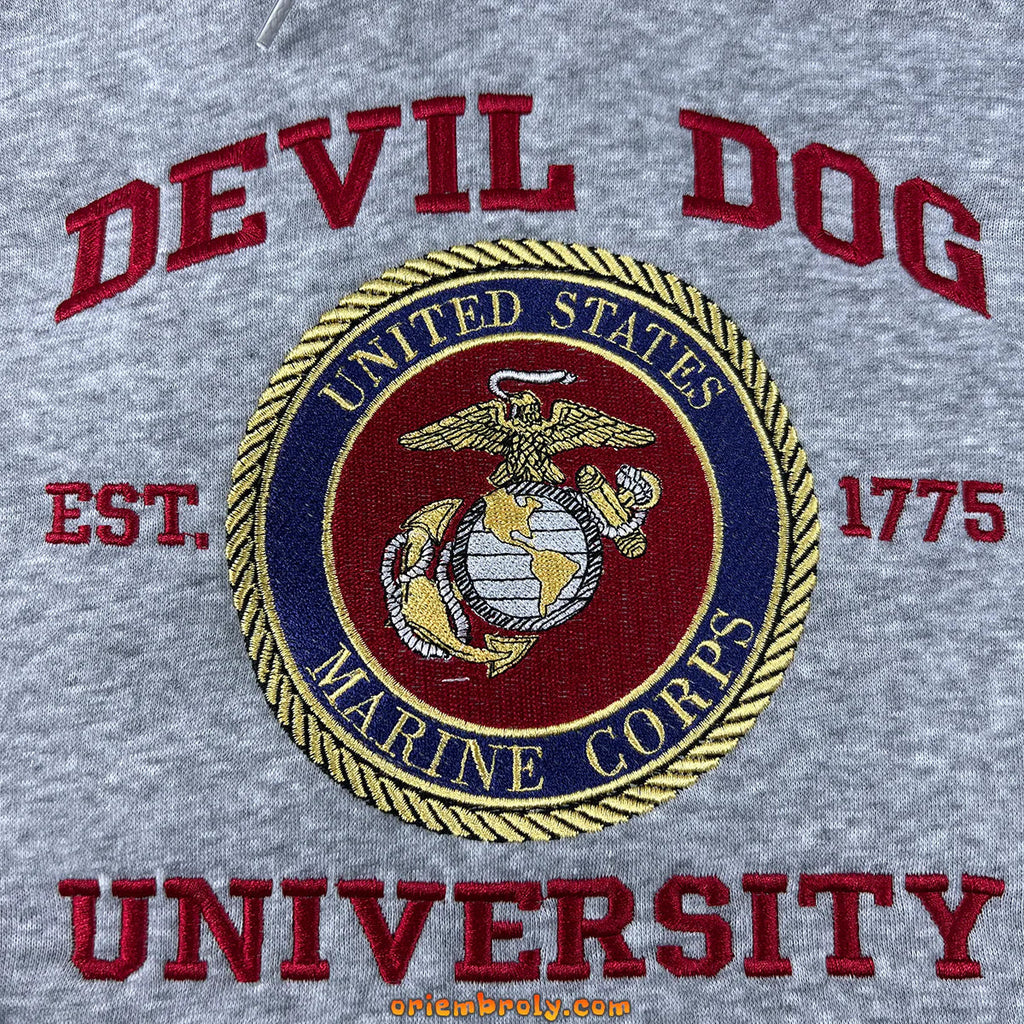 Gray sweatshirt with 'Devil Dog University' text and Marine Corps emblem.