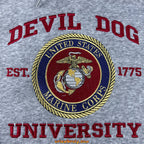 Gray sweatshirt with 'Devil Dog University' text and Marine Corps emblem.